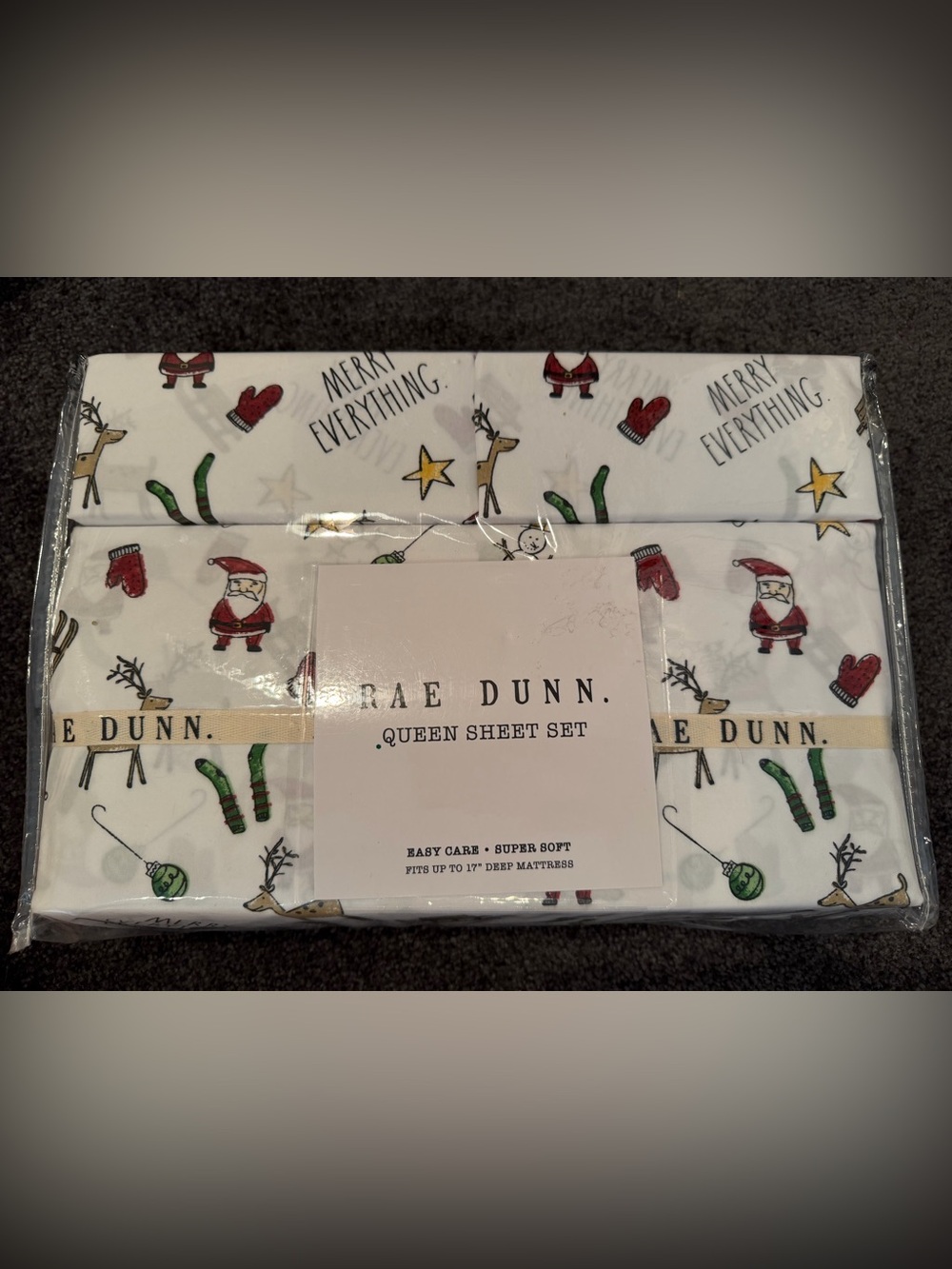 Rae Dunn Merry Everything Queen Sheet Set Christmas Santa Reindeer NWT